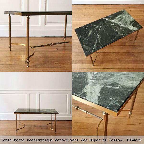 Table basse neoclassique marbre vert des alpes et laiton 1960 70