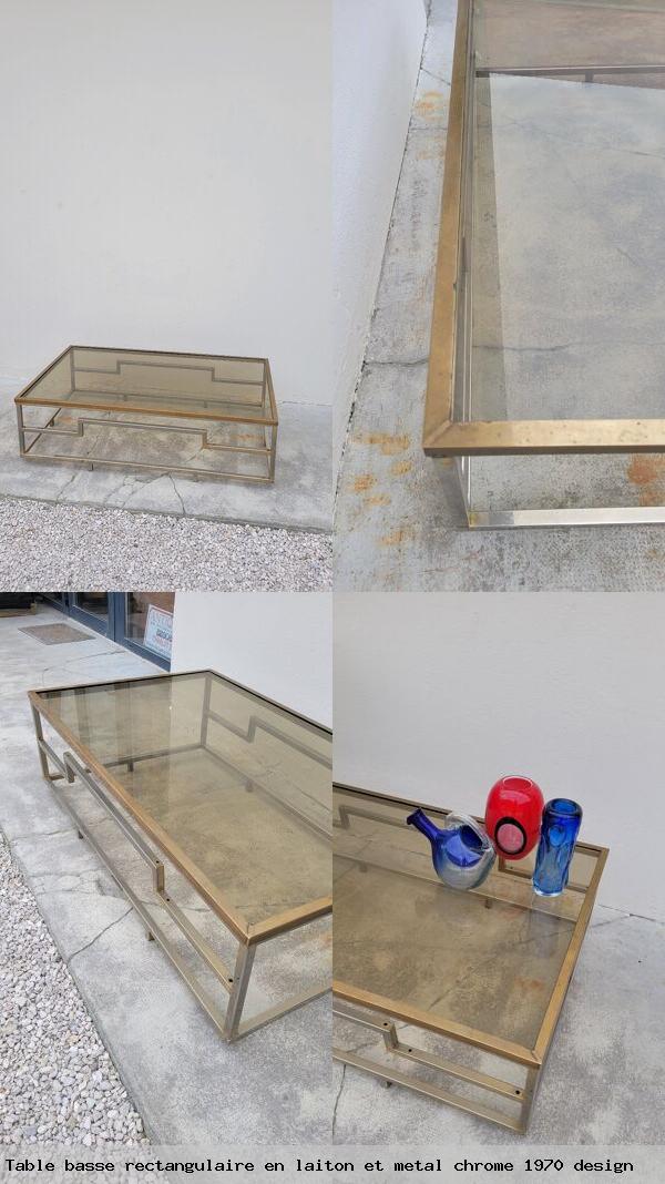 Table basse rectangulaire en laiton et metal chrome 1970 design
