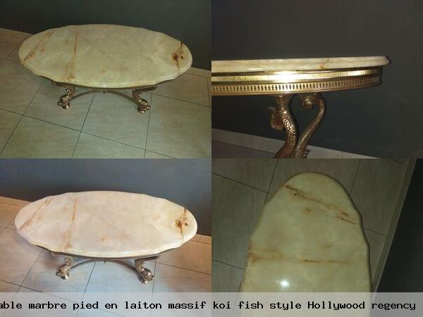 Table marbre pied en laiton massif koi fish style hollywood regency