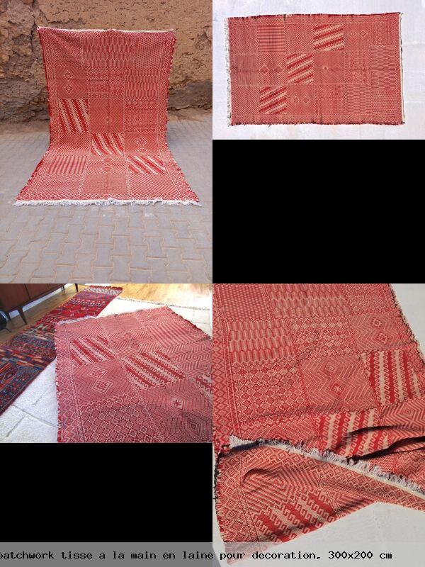 Tapis berbere marocain rouge patchwork tisse a la main en laine pour decoration 300x200 cm