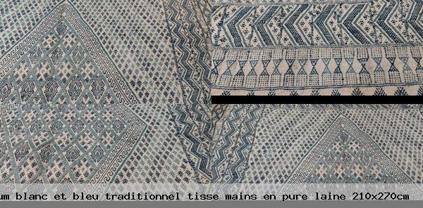 Tapis margoum blanc et bleu traditionnel tisse mains en pure laine 210x270cm