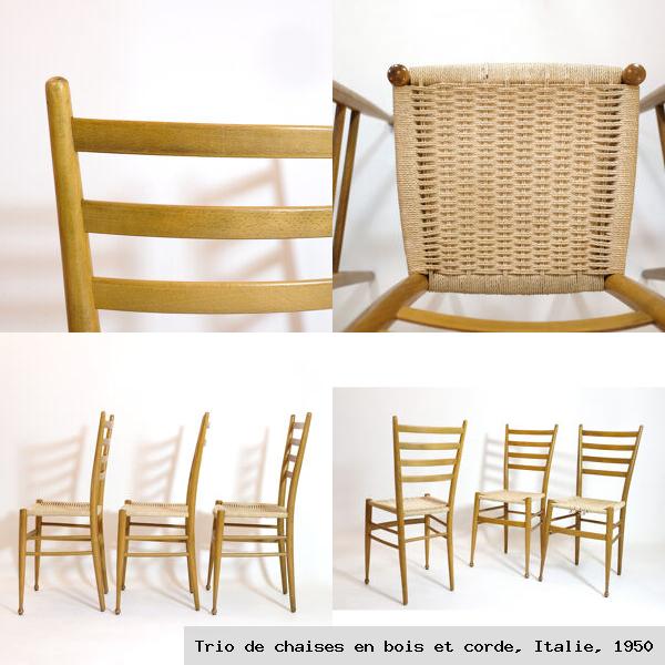 Trio de chaises en bois et corde italie 1950