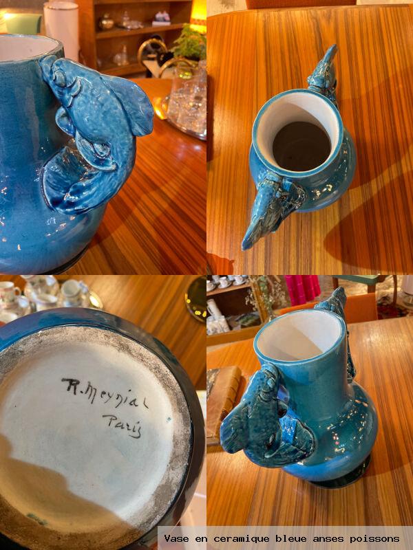 Vase en ceramique bleue anses poissons