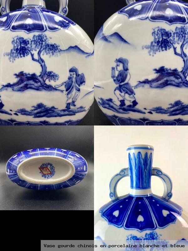 Vase gourde chinois en porcelaine blanche et bleue
